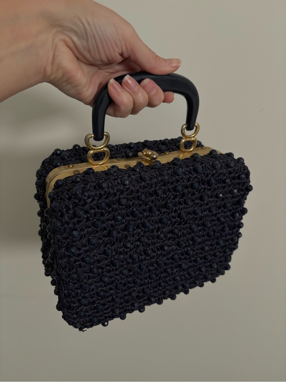 Vintage 1950s beaded navy blue box clutch handbag Made in Italy